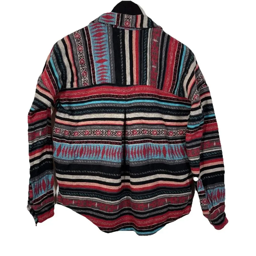 Rock & Roll Denim Women's Southwestern Aztec Stripe Print Button Down Red Blue